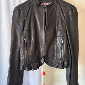 Juicy Couture Black Leather Jacket with Ruffle Hem